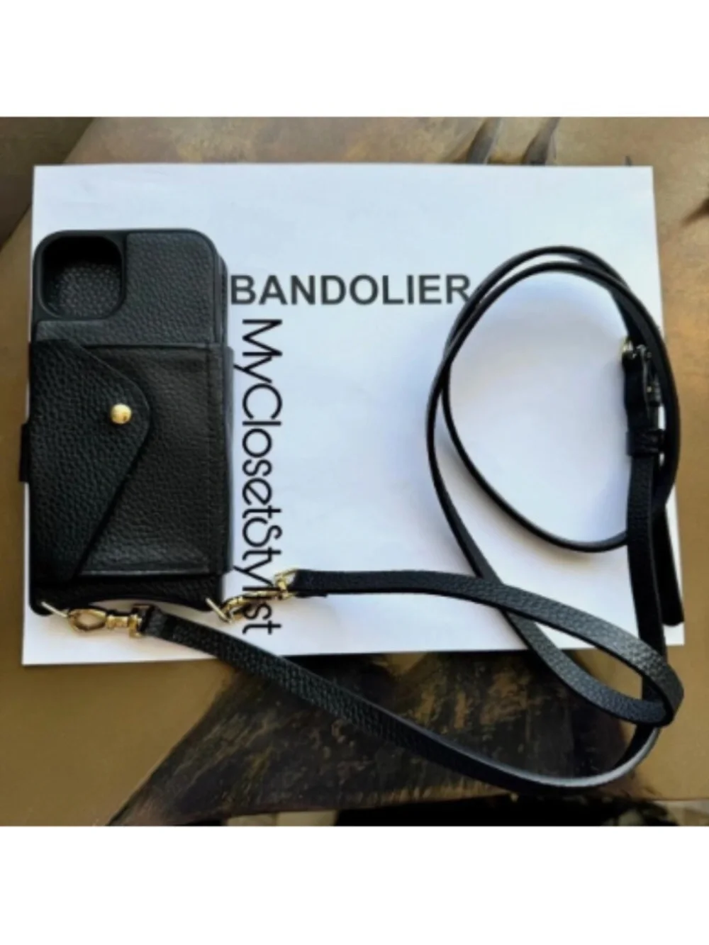 NEW Bandolier Black Leather FOLIO 12& Pro Gold iPhone Crossbody Purse CASE STRAP